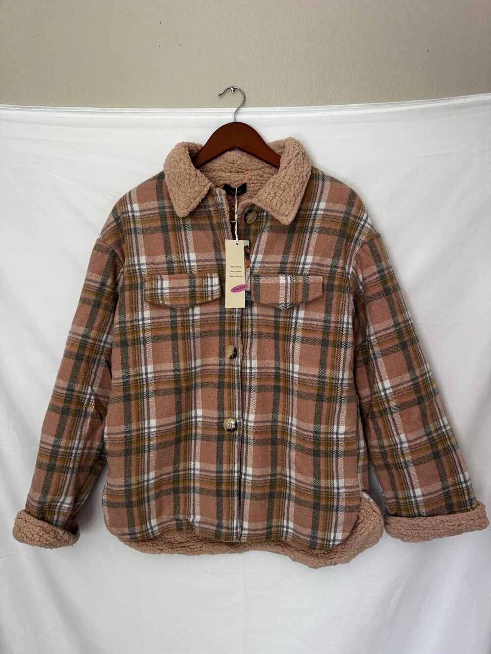Dokotoo Pink Plaid Sherpa Lined Shacket Size S Flannel Shirt Jacket NWT
